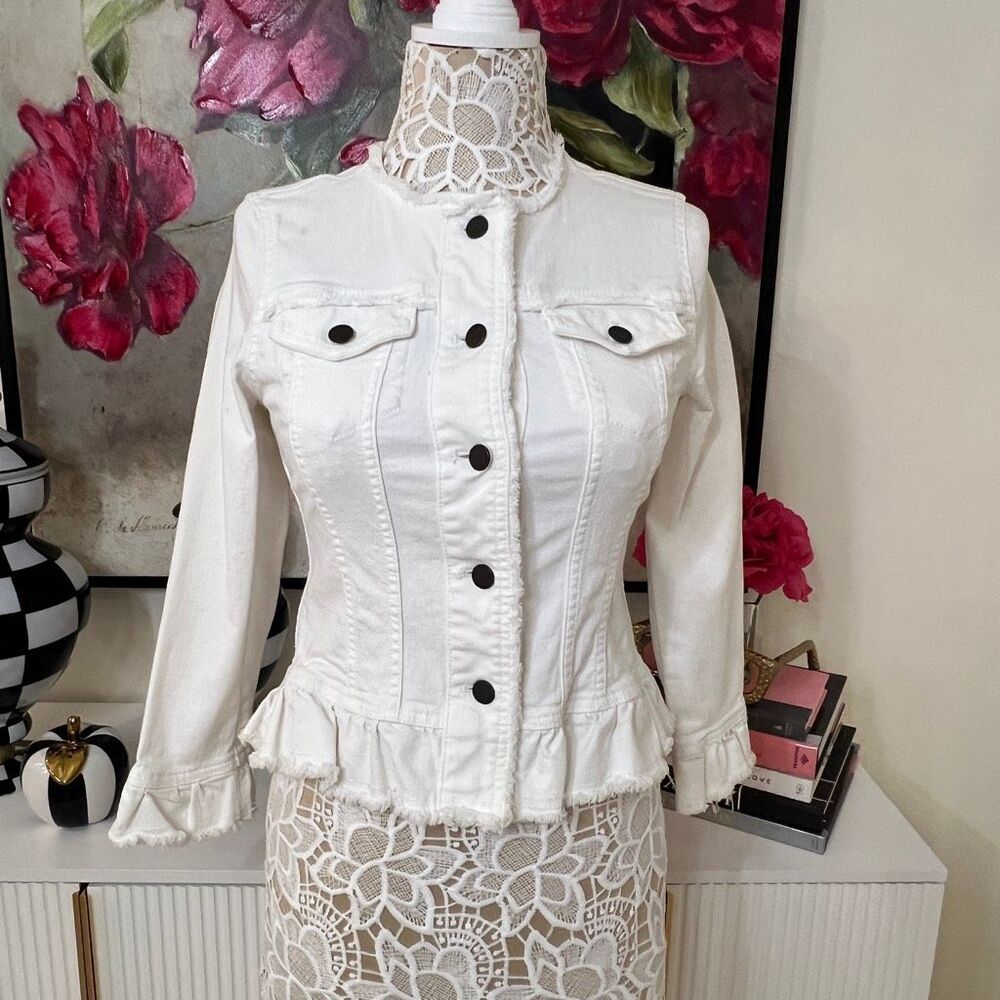 Ann Taylor Women's Frayed Trim Peplum Hem Button Up Denim Jacket White Size XSP